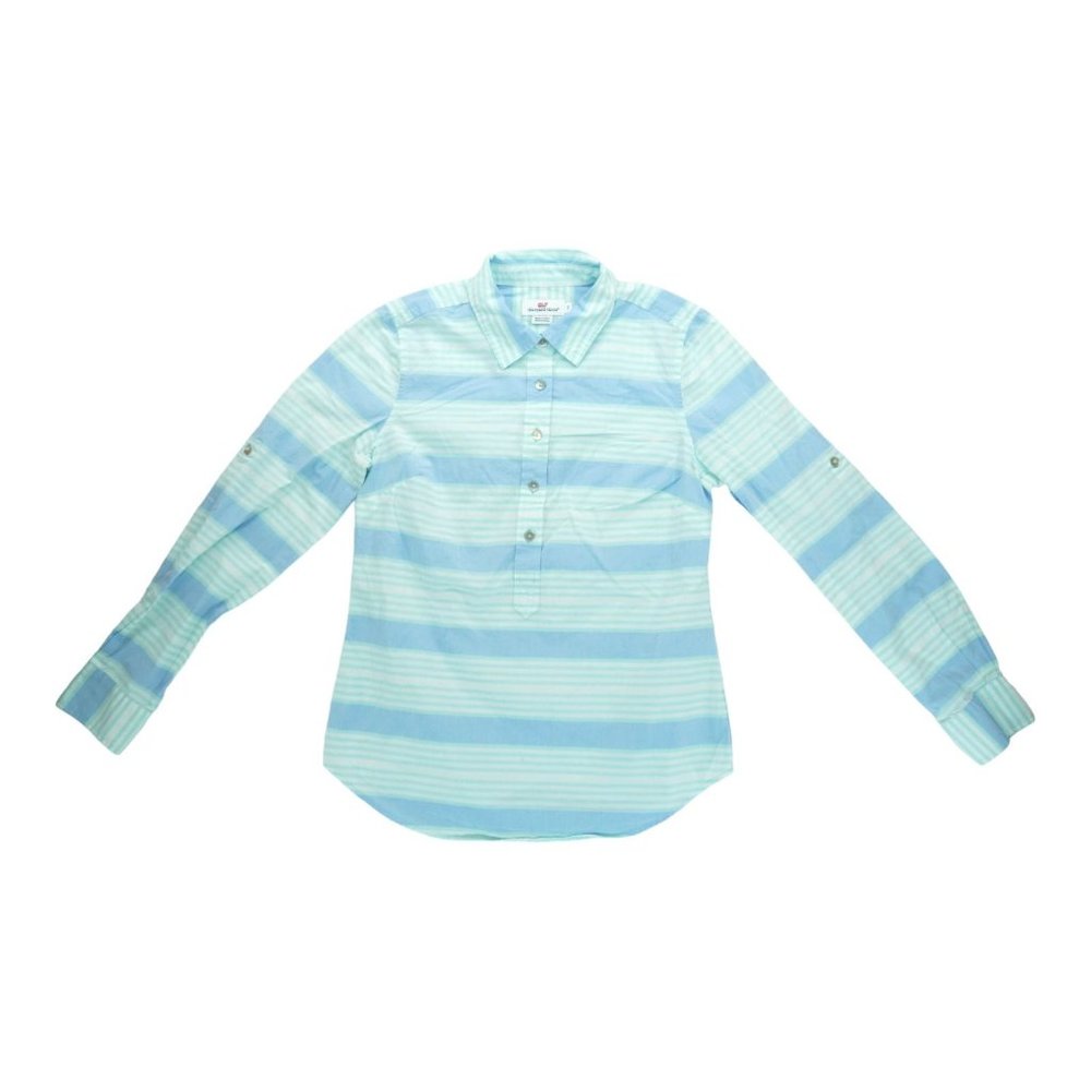 Vineyard Vines Womens Blouse Aquamarine Cove Stripe Poplin Popover Top‎ Sz 2